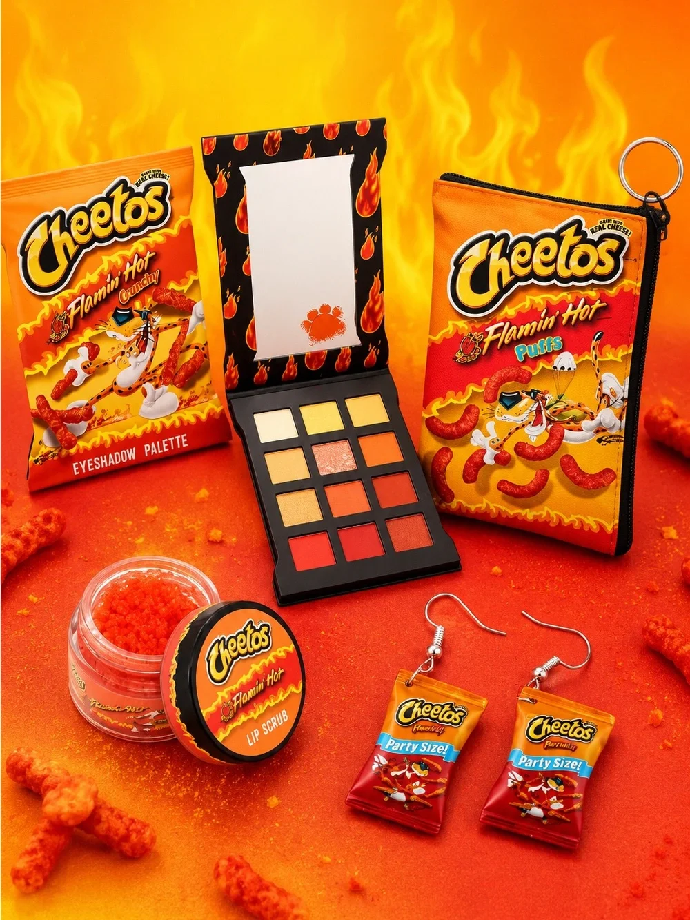 Flamin’ Hot Cheetos 4pc Beauty Set Eyeshadow Lip Scrub Bag Earrings